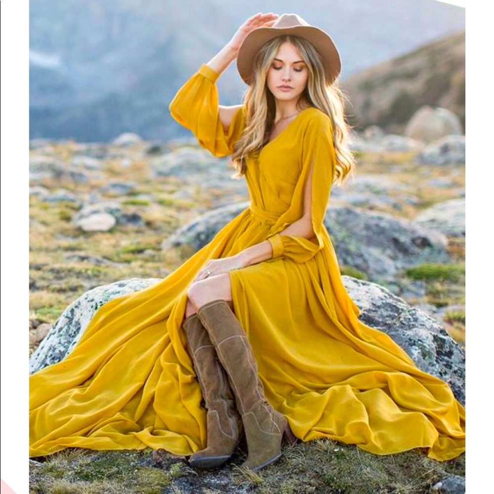 Flowy open arm long sleeved wrap front maxi dress